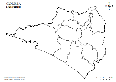 Mapa de municípios del estado de Colima para completar con nombres y colorear.