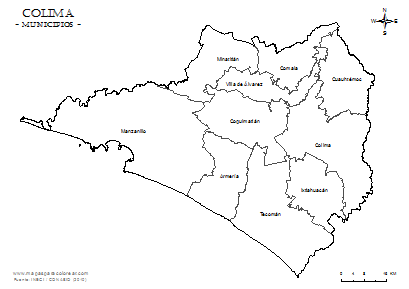 Mapa de municipios del estado de Colima para colorear.