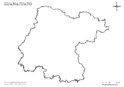 Mapa del contorno de Guanajuato para colorear.