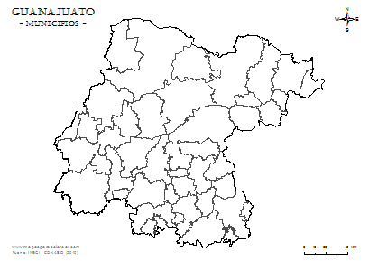 Mapa de Guanajuato para completar com nombres de los municipios y colorear.