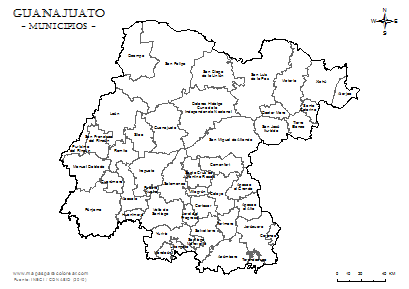 Mapa de municipios de Guanajuato para colorear.