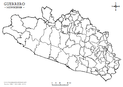 Mapa de Guerrero por municipios para completar y colorear.
