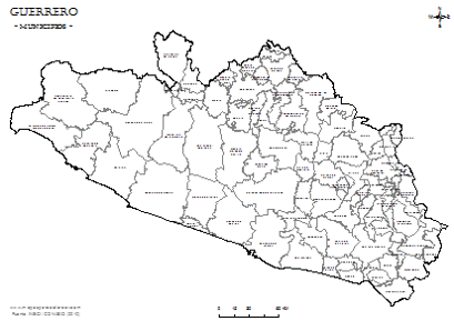 Mapa de los municipios del estado de Guerrero para colorear.