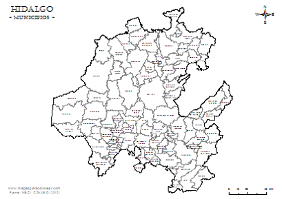 Mapa de municipios de Hidalgo para colorear.