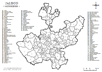 Mapa de municipios de Jalisco.