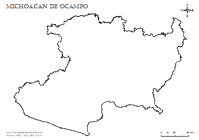 Contorno del mapa de Michoacán de Ocampo para colorear.