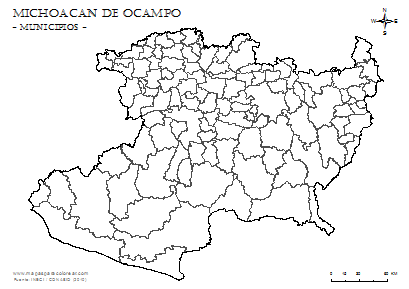 Mapa de Michoacán de Ocampo, municipios sin nombres, para colorear.