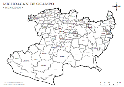 Mapa de municipios de Michoacán de Ocampo con nombres, para colorear.