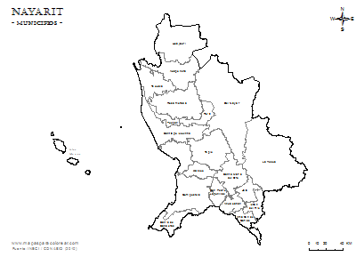 Mapa de municipios de Nayarit para colorear.