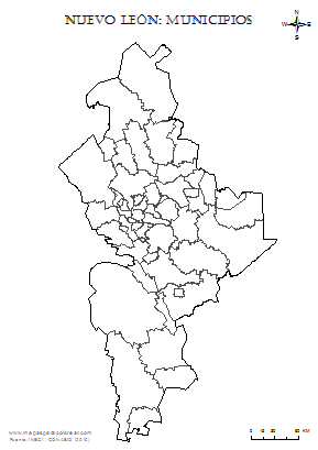 Mapa de municipios de Nuevo León, sin nombres, para colorear.