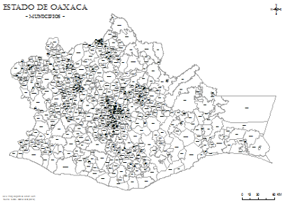 Mapa de Oaxaca por municipios em blanco para colorear.