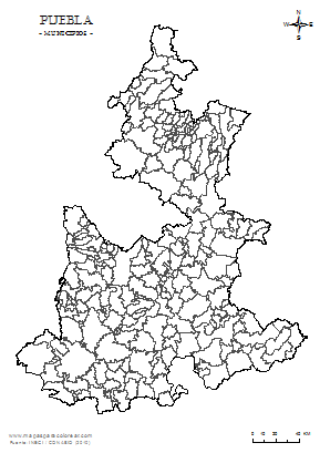 Mapa de municipios de Puebla em blanco para completar y colorear.
