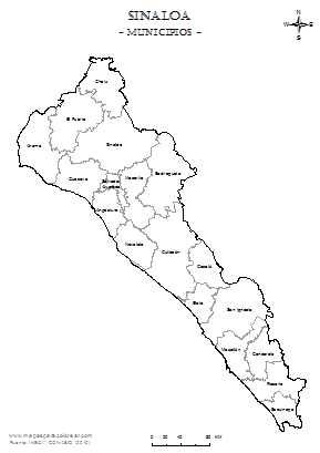 Mapa de municipios de Sinaloa em blanco para colorear.
