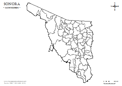 Mapa de municipios de Sonora em blanco para completar y colorear.