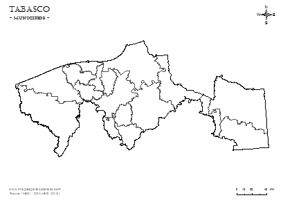 Mapa de municipios de Tabasco em blanco para completar y colorear.