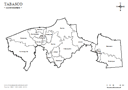 Mapa de municipios de Tabasco em blanco para colorear.