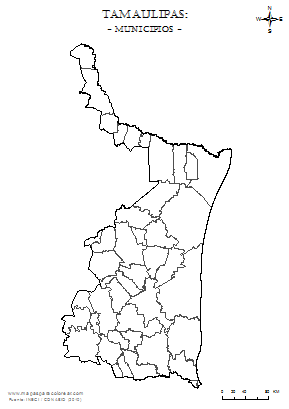 Mapa mudo de municipios de Tamaulipas em blanco para completar y colorear.