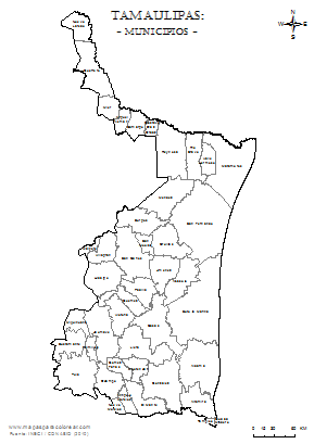 Mapa de municipios de Tamaulipas em blanco para colorear.