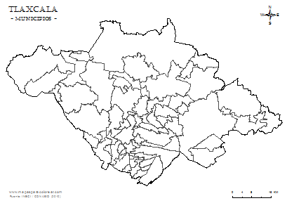 Mapa mudo de municipios de Tlaxcala em blanco para completar y colorear.