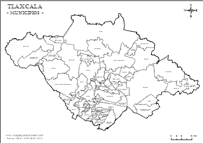 Mapa de municipios de Tlaxcala em blanco para colorear.