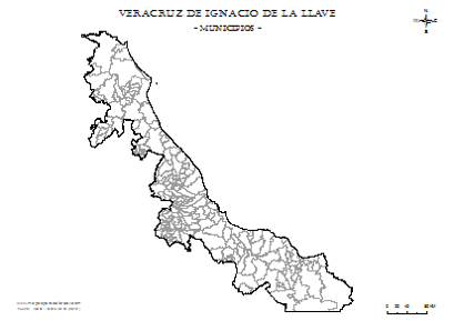 Mapa mudo de municipios de Veracruz em blanco para completar y colorear.