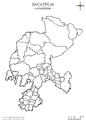 Mapa mudo de municipios de Zacatecas em blanco para completar y colorear.