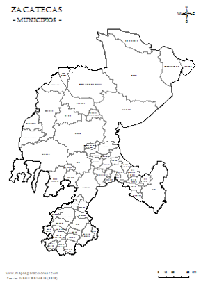 Mapa de municipios de Zacatecas em blanco para colorear.