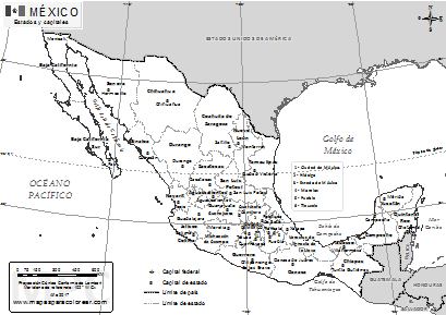 Mapa de México con nombres de los estados y capitales y límites geográficos para colorear.