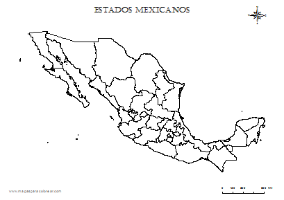 Mapa de México sin nombres, por estados, para colorear.