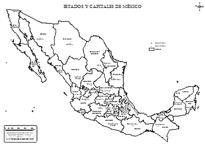 Mapa de México estados y capitales con nombres para colorear.