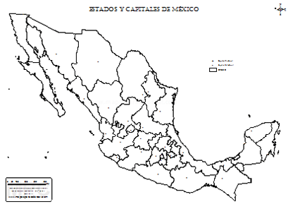 Mapa de México estados y capitales sin nombres para completar y colorear.