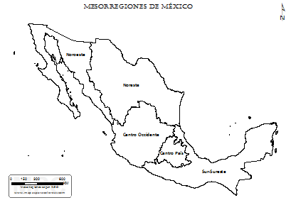 Mapa de mesorregiones de México para colorear.