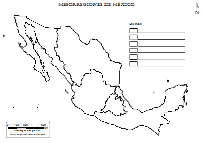 Mapa de mesorregiones de México sin nombres para colorear.