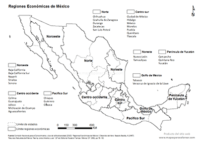 Mapa de regiones económicas de México para colorear.