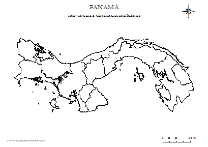 Mapa de Panamá por provincias e comarcas indígenas para colorear.