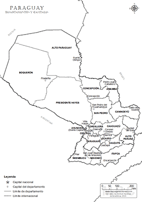 Mapa de Paraguay con todos los departamentos y capitales para colorear.