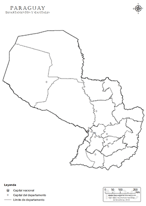 Mapa de departamentos y capitales de Paraguay sin nombres para colorear.