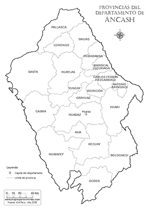 Mapa de provincias del departamento de Áncash para colorear.