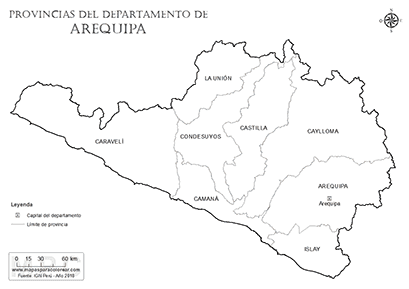 Mapa de provincias del departamento de Arequipa para colorear.