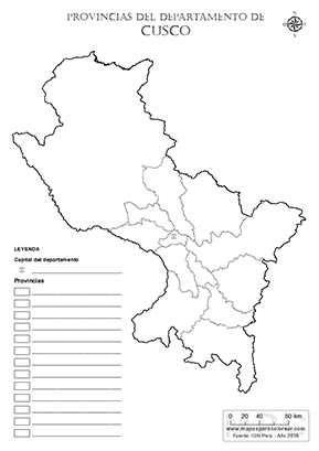 Mapa de provincias de Cusco para colorear y completar la leyenda.