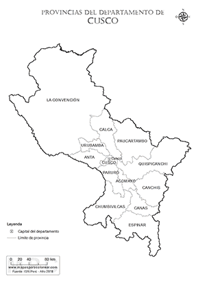 Mapa de provincias del departamento de Cusco para colorear.