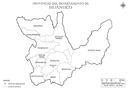 Mapa de provincias del departamento de Huánuco para colorear.