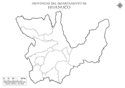 Mapa de provincias del departamento de Huánuco sin nombres - para completar y colorear.