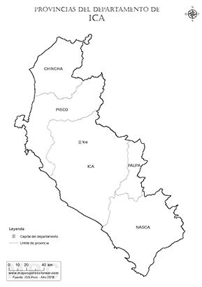 Mapa de provincias del departamento de Ica para colorear.