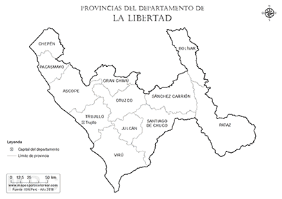 Mapa de provincias del departamento de La Libertad para colorear.