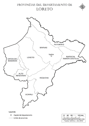 Mapa de provincias del departamento de Loreto para colorear.