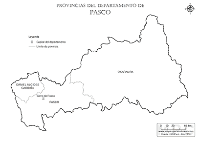 Mapa de provincias del departamento de Pasco para colorear.