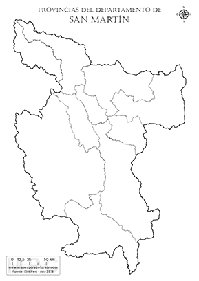 Mapa de provincias del departamento de San Martín sin nombres - para completar y colorear.