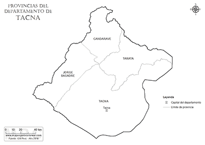Mapa de provincias del departamento de Tacna para colorear.