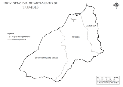 Mapa de provincias del departamento de Tumbes para colorear.